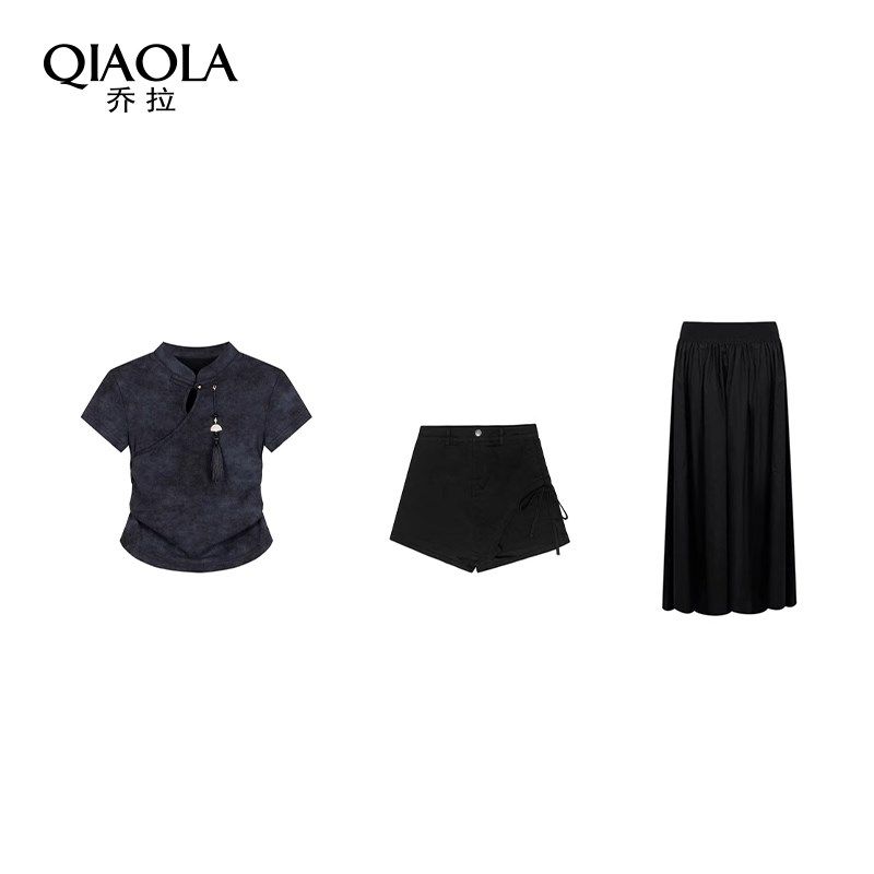 乔拉【暗夜佳人】新中式立领盘扣国风百搭短袖T恤+半裙短裤套装女,女装/女士精品,大码套装,淘宝优惠券,粉丝福利购,淘宝优惠卷