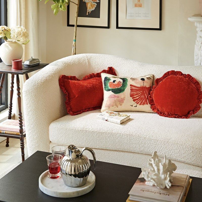 偏爱集设计师孤品红色荷叶边新中式艺术风美式法式复古中古风抱枕