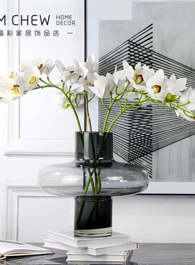 轻奢新中式透明灰大肚飞碟玻璃花瓶绿色葫芦造型创意艺术透明摆件