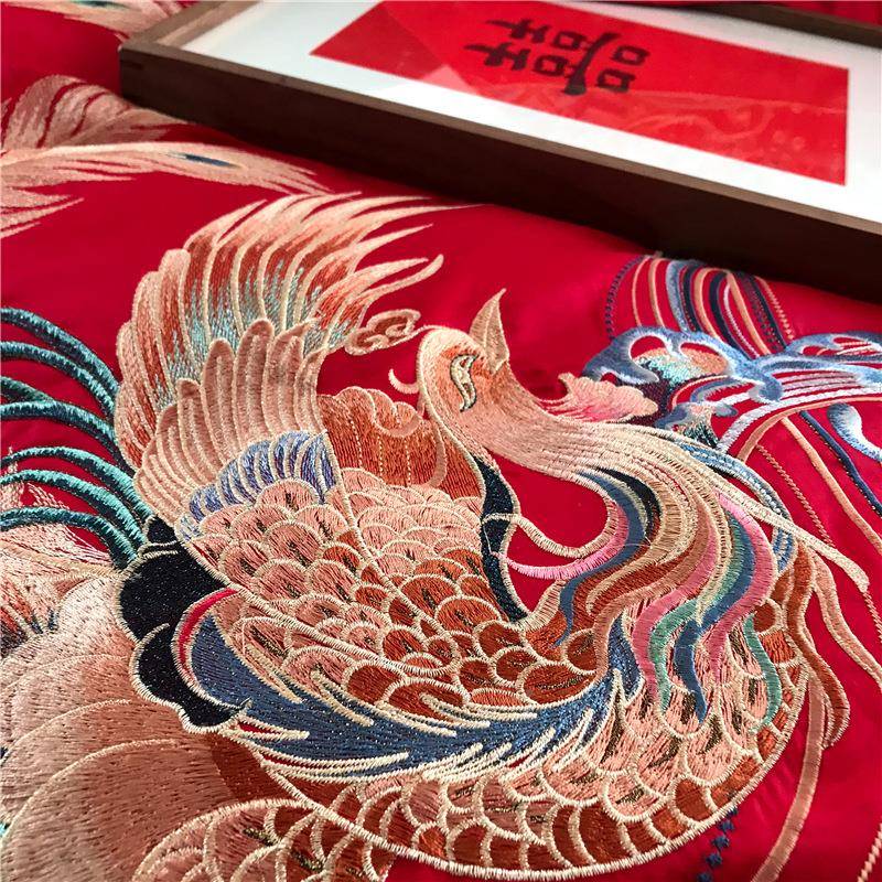 结件婚季丨高端20210030婚庆仪式感四件套全棉提花红绣大色龙凤刺