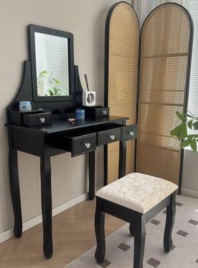 带梳CIG凳妆台室黑色一体深色法式复古中古风实木梳妆台子棕凳卧