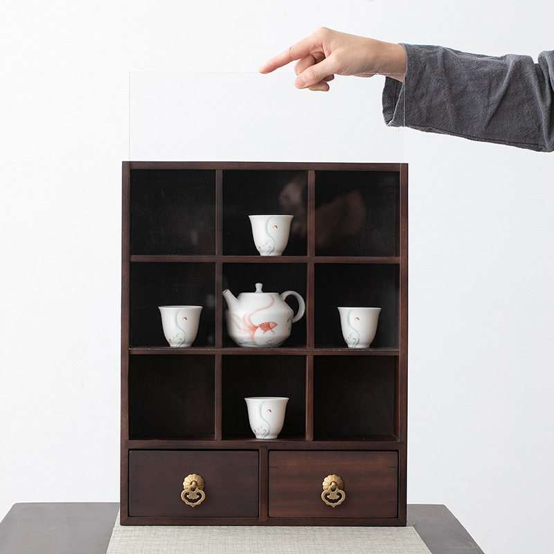 优茶道黑胡桃实木九格防尘展示柜
