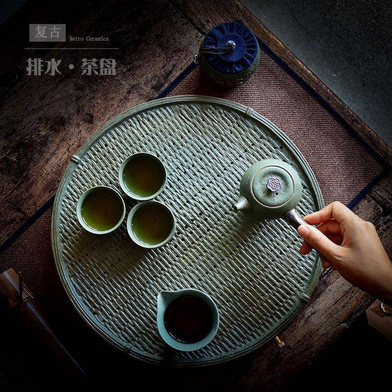 德化陶瓷茶盘带排水形日圆式创意托茶干盘750泡茶台储水式茶具