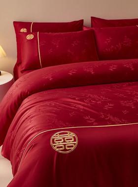 红新中套式竹子提花婚庆四件用色BD55136被套新婚床单喜被结婚床