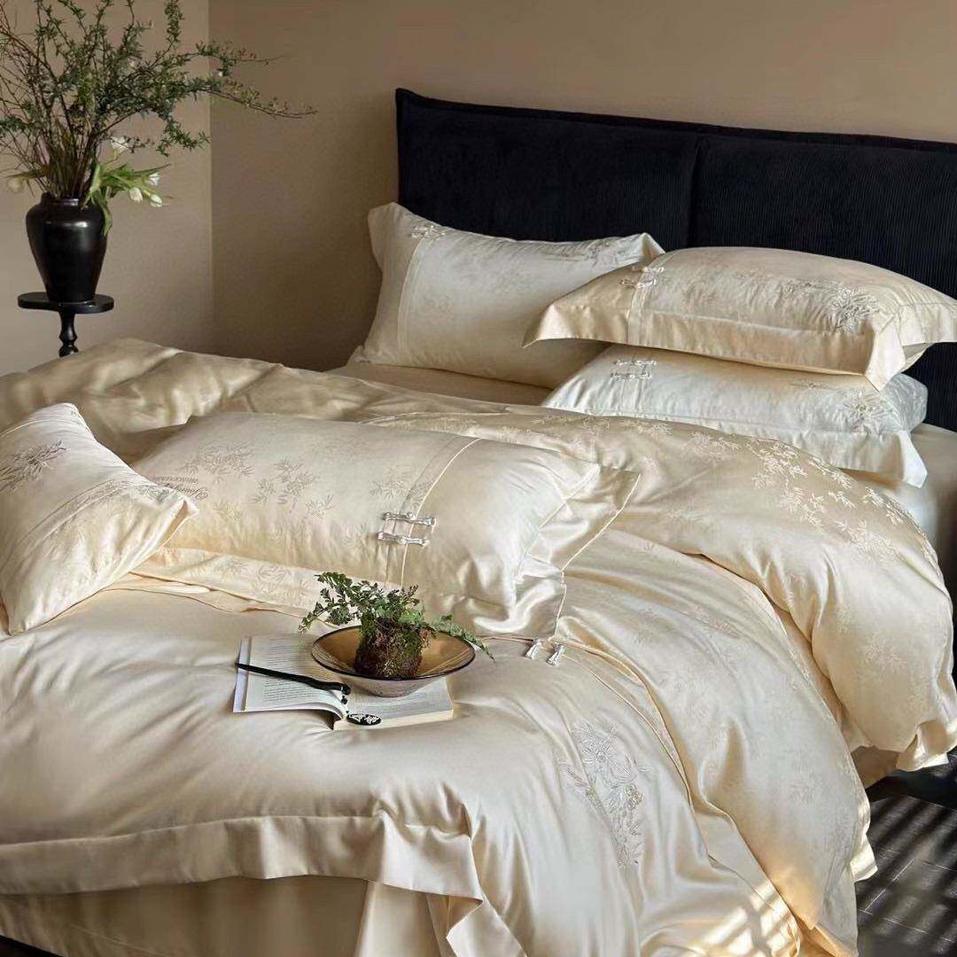 新中式天24326丝用棉床刺绣东方竹件四套春夏凉感床上品被套单4件