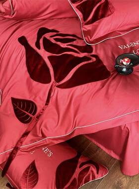 浪漫RYC婚绒棉四件庆套玫丝绒贴长布刺绣被套瑰结婚喜被红色陪嫁