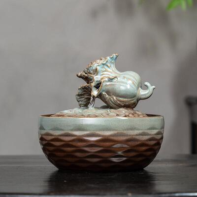 KLU陶流水摆件循环瓷水办饰公桌茶台招财开装品中式喷泉百财业流