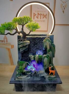 假流水山喷泉摆件含OFY灯圈加湿盆器水幕墙环景观客厅办循公室装