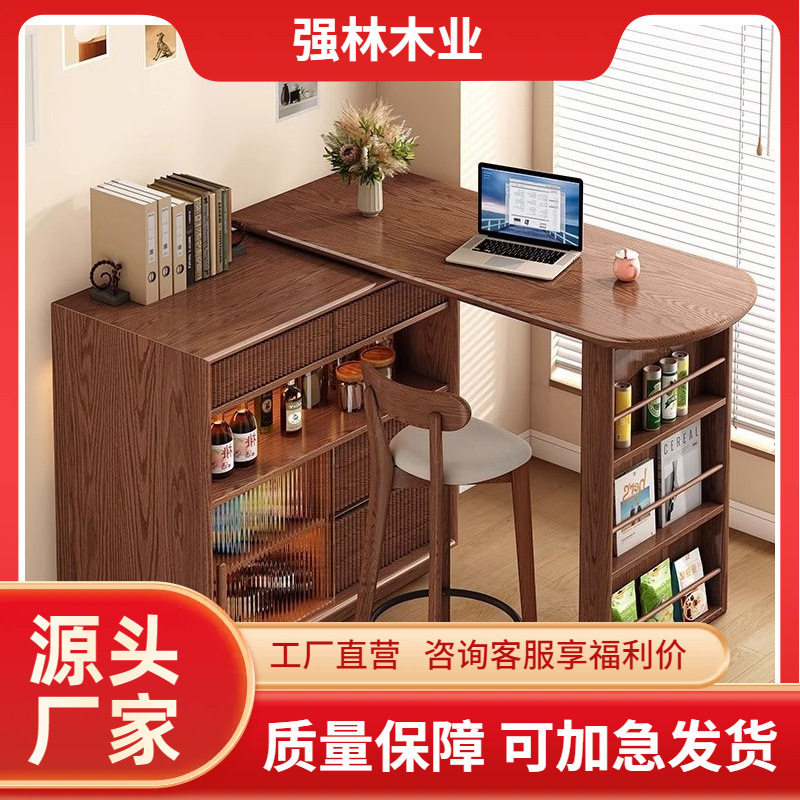 实木餐吧台桌子家用阳台休闲可伸缩小户型隔断柜窄岛台餐边柜一体