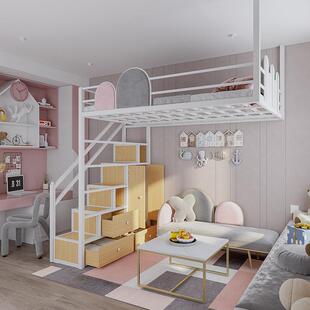 式铁艺二高架床上床下桌DAN复式楼床层高低床省空间楼阁床铁架床