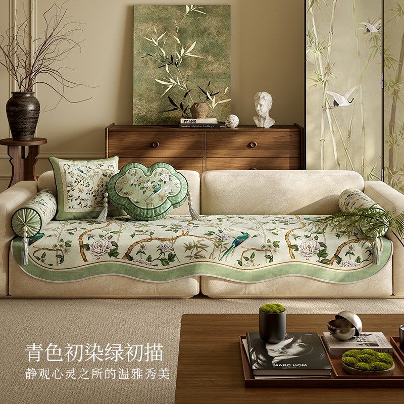 新中式直排沙发垫子四季通用固定防滑高级感垫布秋冬定制翠玉鸣鸾