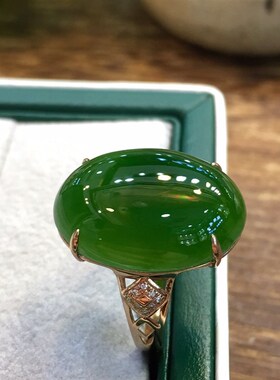 天然和田碧玉镶18k金戒指女新疆碧玉戒指 菠菜绿碧玉指环戒指