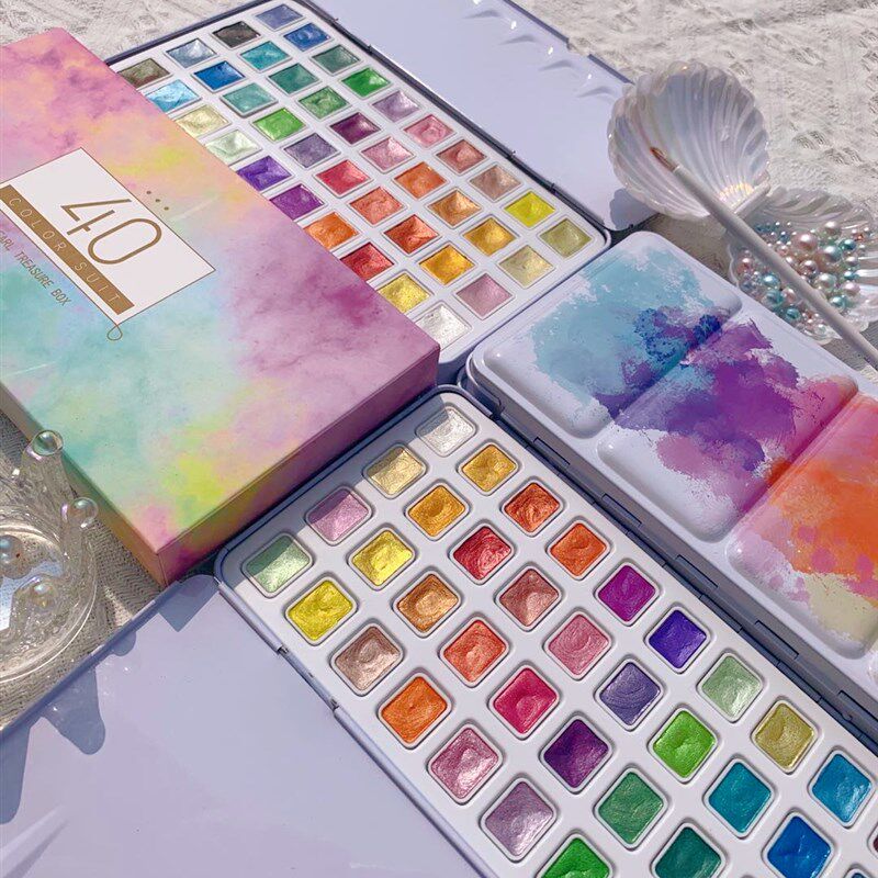 40色珠光固体水彩颜料铁盒小清新套装儿童学生初学者专业美术工具