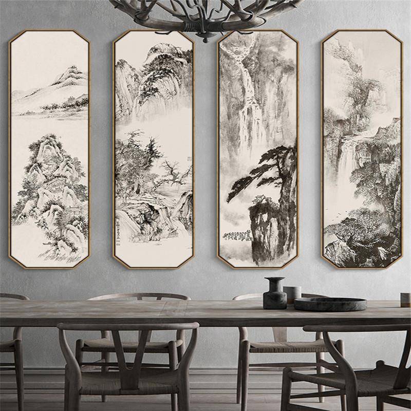 新中壁厅式客1中堂装饰画水墨山水风景挂书画四联画房玄关画八边