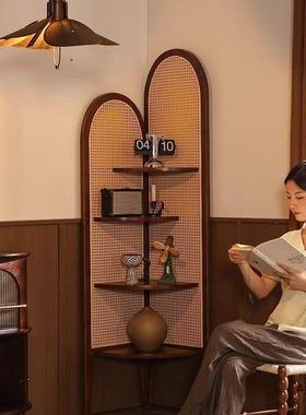 中复古风家具三角置物实木编IOK沙发后黑色落架地柜展示转角藤墙