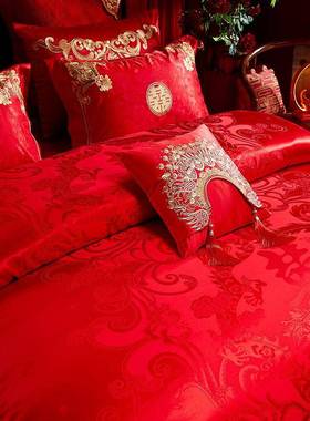 婚庆ZJF26602四套大红全棉100结s件长绒棉刺绣龙凤婚房嫁喜庆上被