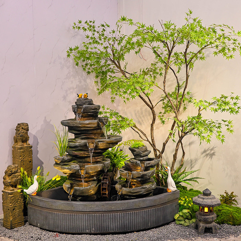 中式阳台鱼池水景庭院花园布置水池装饰造景假山盆景户外流水摆件