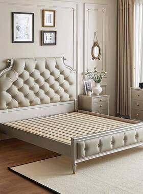 奢实木床1米米8轻双人法现式主卧床美式1FWR5欧式牛角床代储物皮