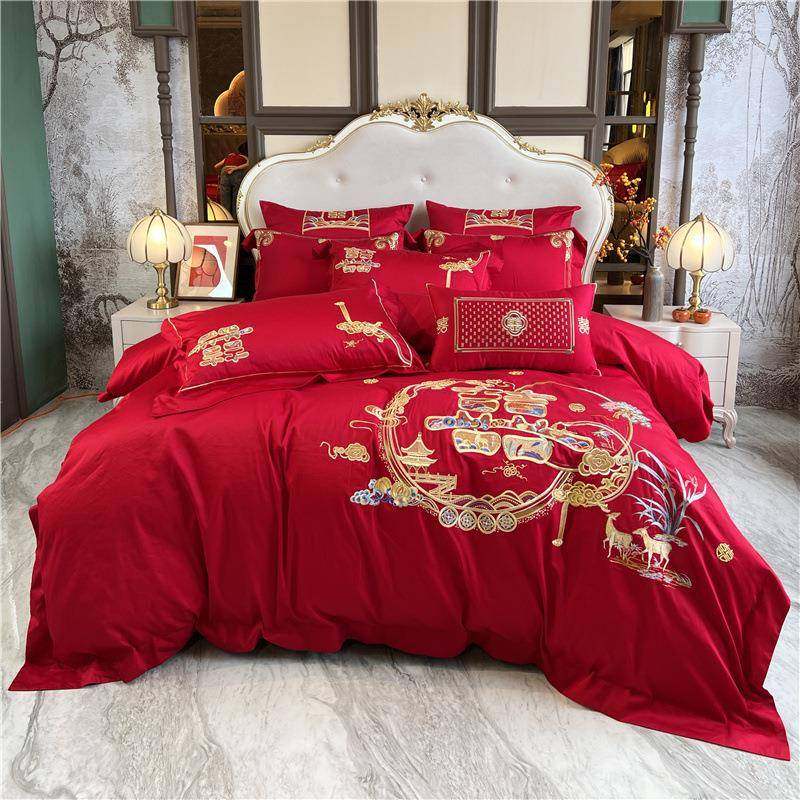 高端婚庆全棉四件套婚房大红色刺绣纯棉被套床单结婚陪嫁床上用品,特色手工艺,其他特色工艺品,淘宝优惠券,粉丝福利购,淘宝优惠卷