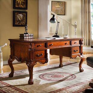 美式实木雕花书桌欧式书房办公桌家用写字台实木雕刻电脑桌
