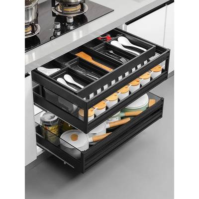 拉篮厨房橱柜三层抽屉式碗架铝合金抽中抽碗碟篮内置收纳碗柜碗篮