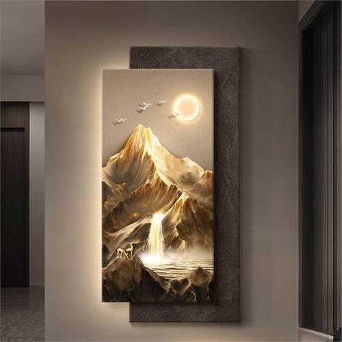 聚宝盆山水画玄关装饰画轻奢高级感走廊过道挂画入户门靠山壁画灯