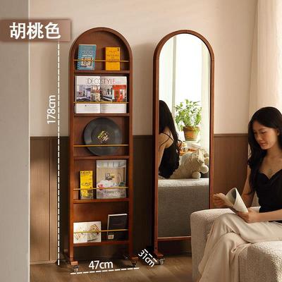 中古实木全身镜可移动落地法式复古收纳杂志书架一体旋转穿衣镜子