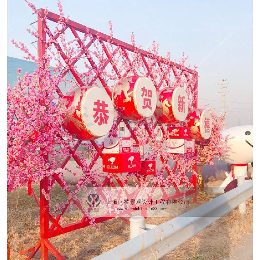 春节美陈DP点装饰桃树桃枝装饰道路旁美陈布置中庭装饰春节
