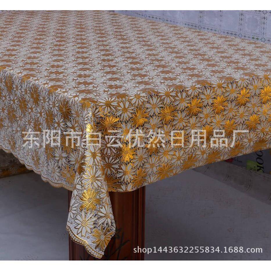 家用高档环保烫金/烫银蕾丝PVC桌布防水防油防滑直销