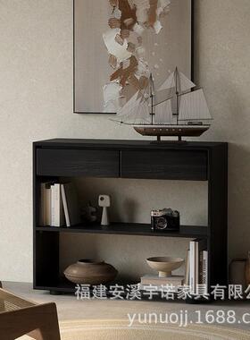 全实木入户玄关桌靠墙客厅家用复古玄关柜黑色中古风小户型玄关台