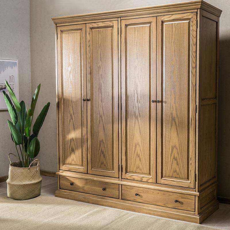 美式实木橡木衣柜四门双门三门对开门衣柜法式复古简约家用组合柜