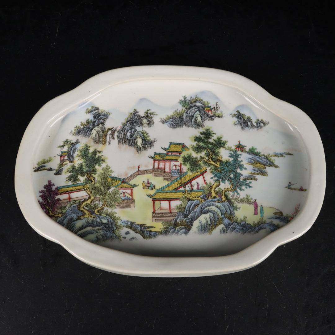 中式复古粉彩瓷山水图茶盘茶洗笔洗瓷盘古玩瓷器古董收藏仿古瓷