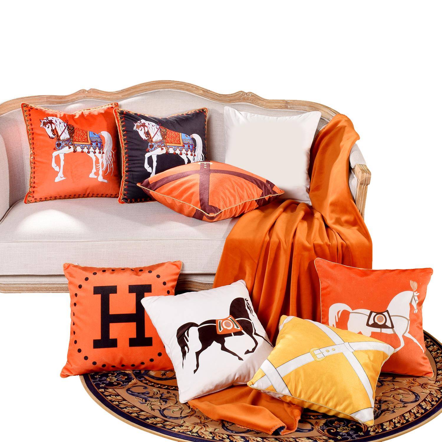 丽丝绒抱枕欧式橘面印花轻奢华靠枕丝绒-马沙发样间床头色双靠垫