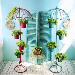 北欧铁艺家居阳台花店橱窗雨伞花架装饰摆件创意落地户外带灯花架