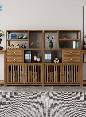 Nkv实木博古架橡胶木置物架中式茶具柜子书架落地