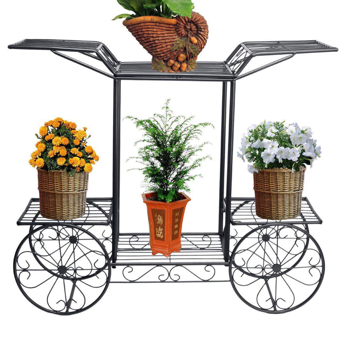 欧式创意推车造型花架、可容纳6盆植物架 金属黑色架子