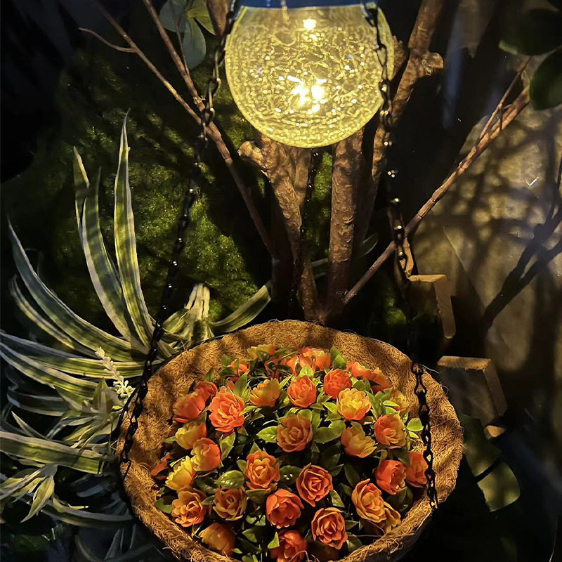 太阳能灯LED户外吊篮花盆铁艺玻璃天然透气椰棕丝垫庭院灯花盆灯