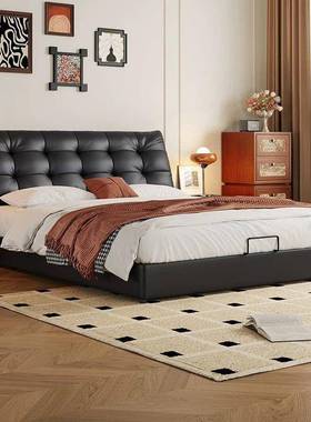 轻奢大黑熊黑色主卧婚床大气现代简约意式双人大床皮床木