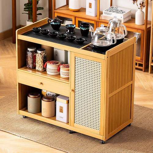 A8L移动茶台小茶桌家用新中式实木茶车烧水壶一体茶水柜带轮茶几