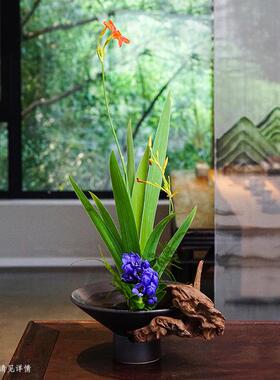 高脚插茶席花盘花器陶瓷座禅意中式日式皿花器剑山插花器底GZL花