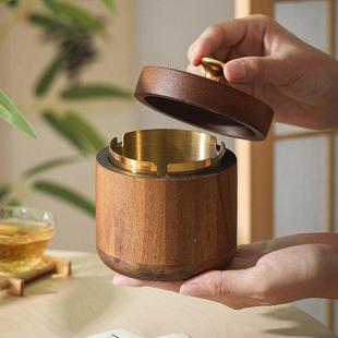 实木烟灰飞缸带大号家用中式 载防灰客厅553轻奢创意灰缸复古盖车