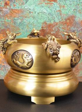 达全黄饰铜四方玄来财聚宏四方来财宝盆关装品铜盆金蟾铜器摆件