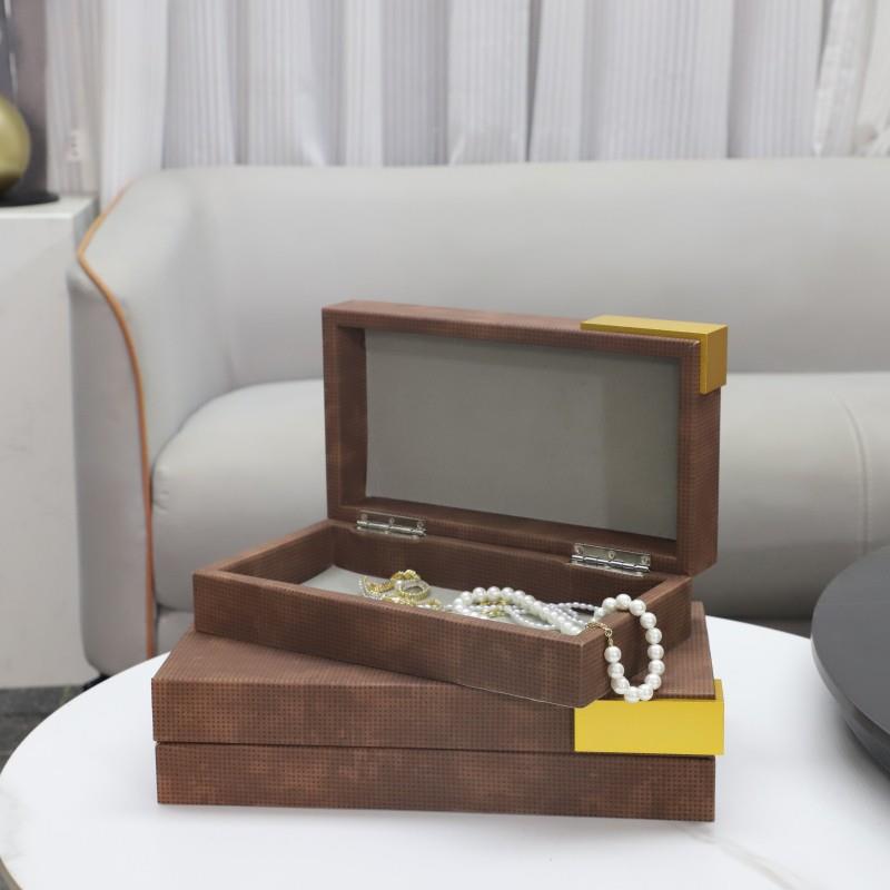 欧式轻奢1092收棕色皮件革编织纹纳盒首饰盒摆客厅梳妆台饰软装家