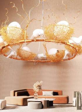 直销树脂小鸟吊灯北欧鸟巢吊灯酒店大厅灯铝线藤艺灯可定制