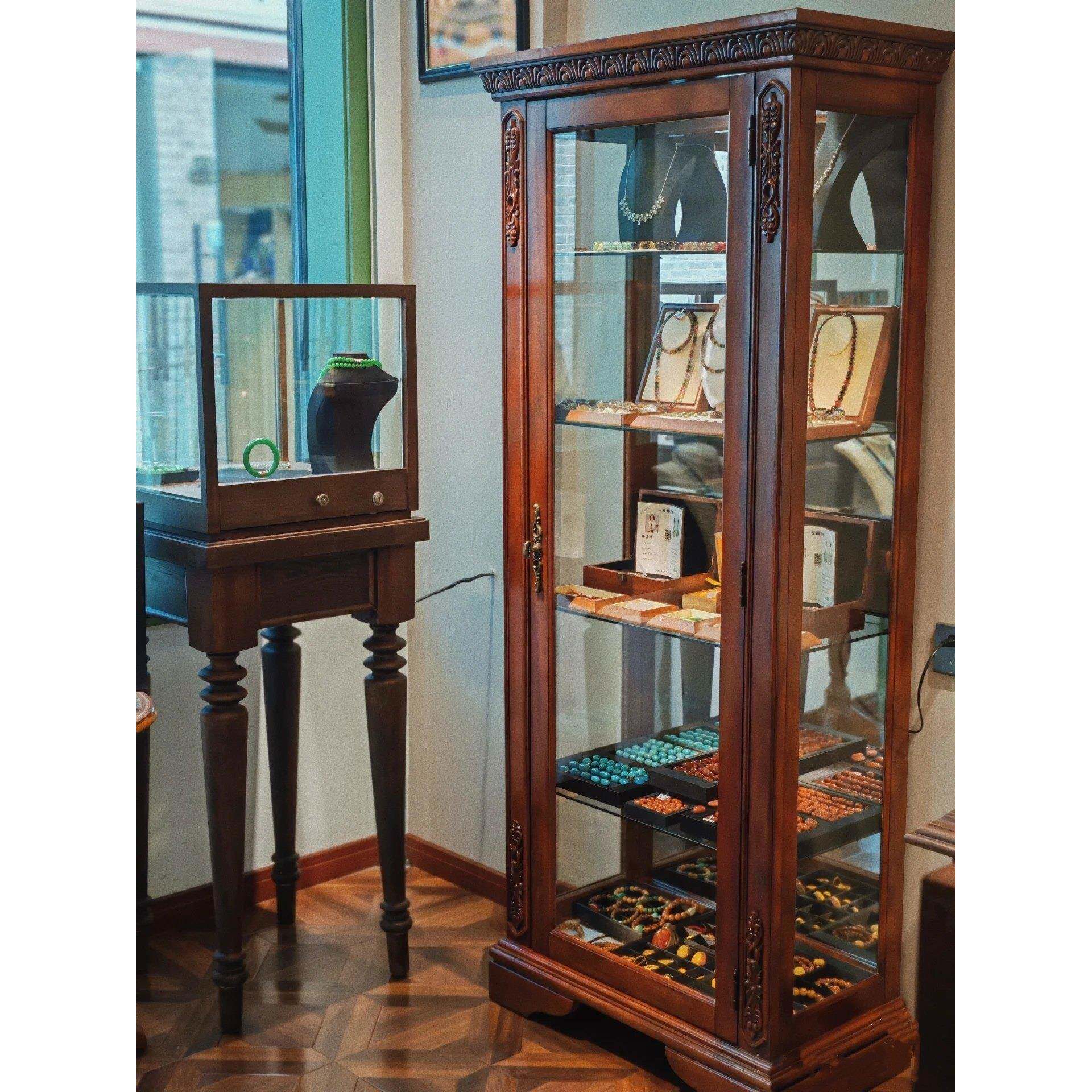 中古实木玉器翡翠展示柜台复古玻璃陈列架美式珠宝首饰展示柜