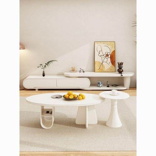 2025年新款奶油风客厅家用现代简约可伸缩落地岩板电视柜茶几组合