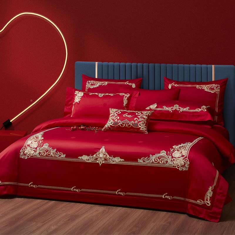 款家纺花卉M1048刺绣约婚庆四件简结婚床上用套品长绒棉四件套