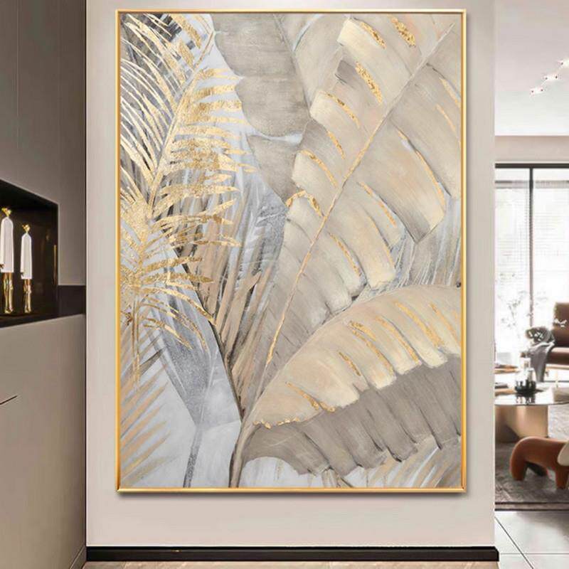 纯手绘油画抽象金箔芭蕉叶玄关走廊装饰画现代轻奢客厅背景墙挂画
