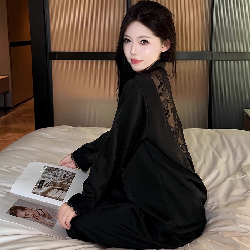 冰丝睡衣春秋季性感黑色家居服女