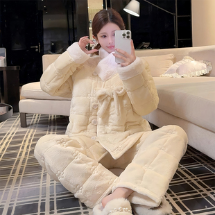 熊拾玖2025新国风三层加厚夹棉睡衣女冬季立领珊瑚绒家居服可外穿